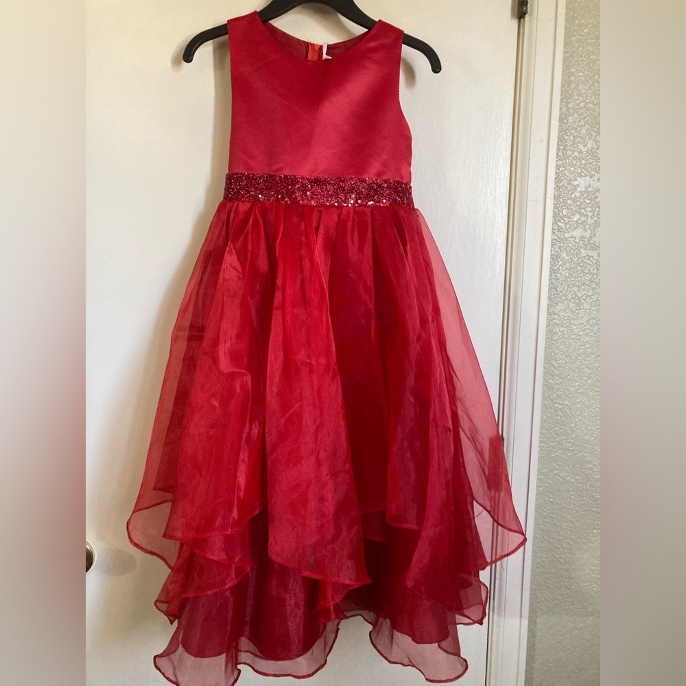 🌸Chic Red Sleeveless Dress with Red Layered Lace with Red Beaded Belt #N